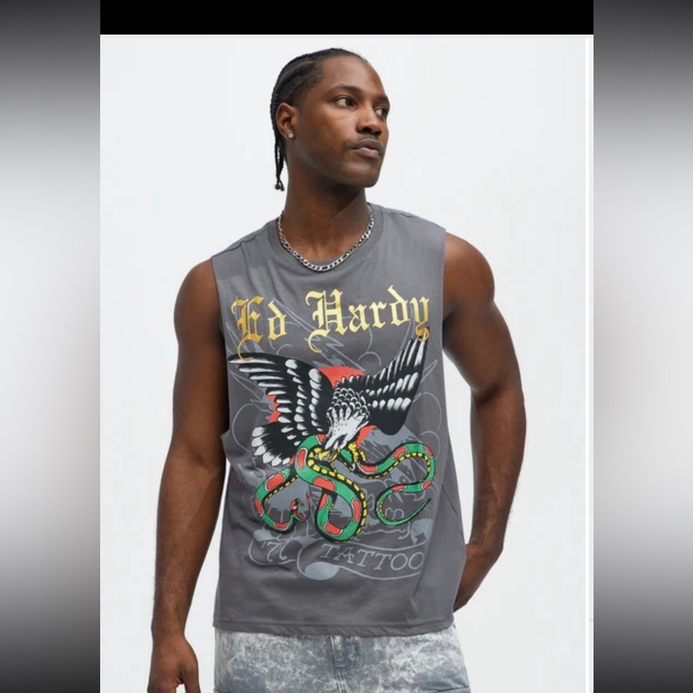 Ed Hardy Gray Sleeveless Graphic Shirt
